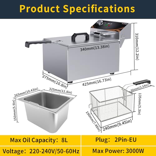 DULNICE 8L Elektrische Fritteuse mit Korb & Deckel Kommerzielle Friteuse mit Fett, 3000W Edelstahl Arbeitsplatte Küche Fritösen Fett Temperaturkontrolle Schnelles Erhitzen für Pommes Frites – Bild 8