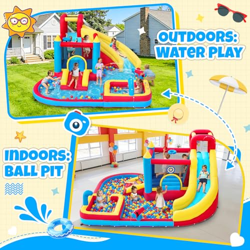 Image of Bounce House with Slide & Blower, Inflatable Water Park Bouncy Castle with Climbing Wall, Ball Pit & Water Cannon for Indoor Outdoor Backyard Play