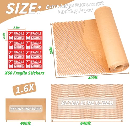 Honeycomb Packing Paper 16\" x 400\', Bubble Cushioning Wrap for Packing/Shipping/Moving, Eco-Friendly Bubble Packing Paper Wrapping for Fragile Items,Electronics and Bouquet Packaged - Thumbnail 2