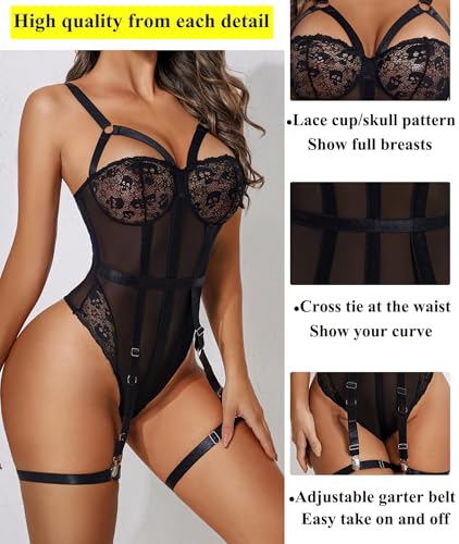 Image of SSoShHub Women Lingerie Set Lace Teddy Strap Babydoll Bodysuit Bikini with Garter Belt One Piece Lingerie Strappy Lingerie