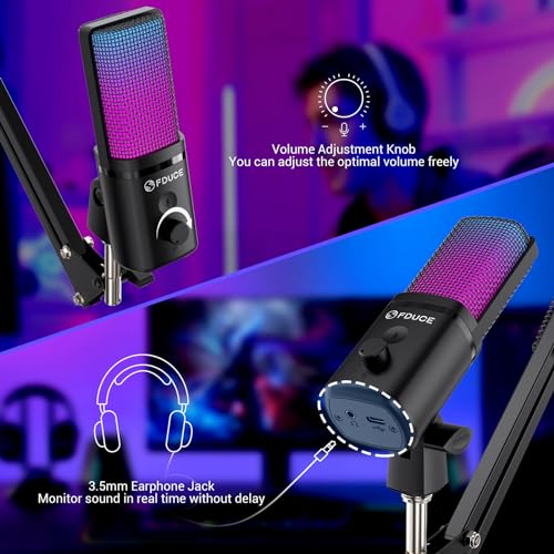 FDUCE M160+ USB Gaming Microphone Kit for PC,RGB Condenser Podcast Mic with Monitor Jack,Quick Mute,Gain Control,Pop Filter,Boom Stand for Recording Streaming,Podcasting,Gaming by FDUCE - Image 3