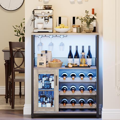 GarveeHome 3-Tier Wine Bar Cabinet with LED Lights & Wine Rack, Liquor Cabinet with Storage, Coffee Bar Cabinet with Glass Holder & Mesh Door, Sideboa
