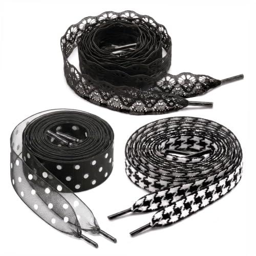 OrKnot Ribbon Shoelaces for Women – Sheer Polka Dot Organza, Black Lace, Houndstooth & Wide Flat Fashion Shoe Laces for Sneakers, Mono Edit | 3 Pair Set