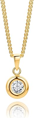 Orovi Pendant Necklace for Women 10k Gold 417 with 0.50 Carat White Cubic Zirconia Round Bezel Setting and 17.7" 925 Sterling Silver Curb Chain Lobster Claw Clasp Made in Italy Delivered in Jewelry Box