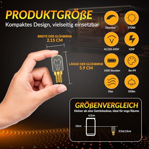 BrightWish Backofenlampe E14-42W (40, watts) - 300 Grad hitzebeständig Dimmbar Warmweiß 4 Stück Glühbirne für Backofen, salzlampe, Mikrowelle, Dunstabzugshaube