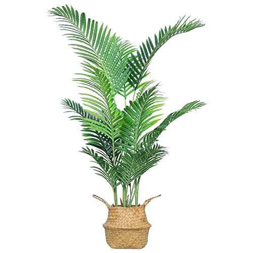 Hanamono 4.59Ft Artificial Palm Tree,Potted Faux Plants Large Tropical Areca Palm Trees Home Decor Indoor Outdoor 15 Trunks For Living Room/Bedroom/Office/Housewarming Gift W/Planter & Seagrass Basket #TOP13