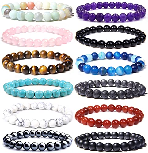 Mozaka 12Pcs Gorgeous Semi-Precious Gemstones Round Beads Energy Power Crystal Reiki Healing Elastic Stretch Bracelet For Women Men Gifts #TOP29