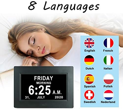 7 INCH Day Date Dementia Clock Auto-Dimming 12 Alarm Reminders Extra Large Non-Abbreviated Day & Month 12/24 Hours Display Digital Calendar Clocks for Seniors Elderly Vision Impaired Memory Loss