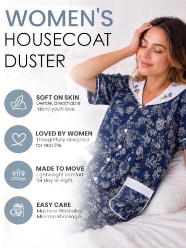 Image of Casual Nights Women's Snap - Front House Dress Short Sleeve Woven Housecoat Duster Lounger Robe with Pockets