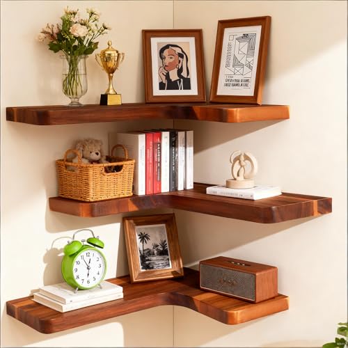 Floating Corner Shelves, Wall Shelf Set of 3, Shelves for Wall Storage, Solid Wood Shelves for Storage, Wall Mount Wooden Display Shelf for Bathroom Bedroom Kitchen Garage (Acacia, 3pcs)