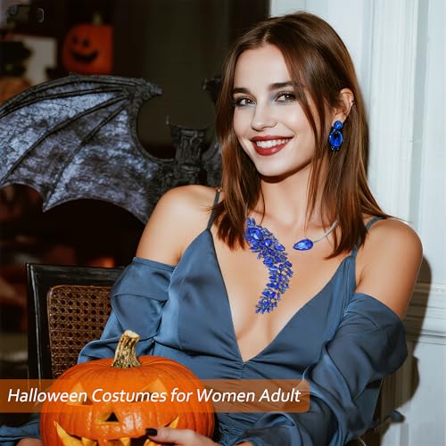 Royal Blue Chunky Necklaces Halloween Costume Jewelry for Women - Crystal Feather Open Collar Necklace with Navy Blue Stone,Christmas Gifts2