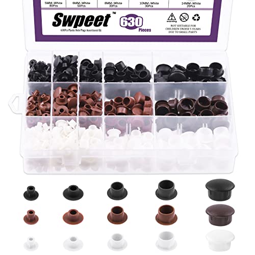 Swpeet Lot de 630 bouchons de trou en plastique blanc et noir de 0,6 cm, 0,6 cm, 0,9 cm, 1,27 cm, kit d'assortiment de bouchons à vis blancs, bouchons à trou...
