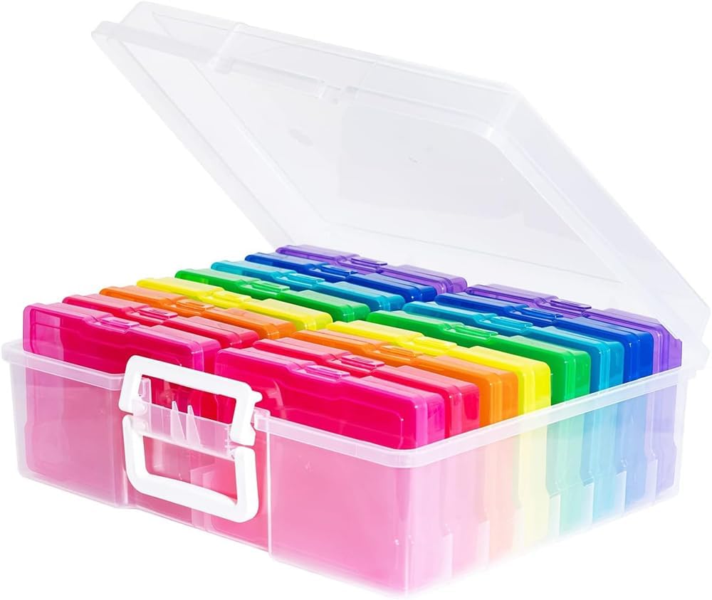 Transparent Photo Cases, Clear Craft Keeper with Handle, Photo Storage Box, 4x6 Photo Case, 16 Inner Cases Plastic Storage Container Box, for Cards Pictures Stamps Office Supplies (Multi-colored)
