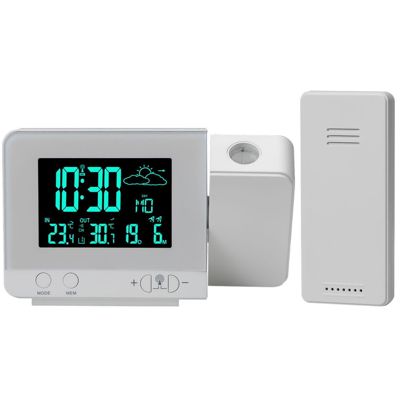 2-in-1 Projektionswecker & Funk-Wetterstation mit USB-Port – Wecker mit Aussensensor, projiziert Uhrzeit in 8 Farben an Wand & Decke