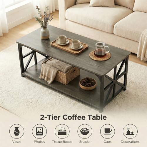 Image of GOFLAME 2-Tier Rectangular Coffee Table, Modern Center Table with Wooden Top, Metal Frame, X Shaped Side Pattern, Display Accent Tea Tables, Living Room Tables for Apartment (Gray Oak & Black)