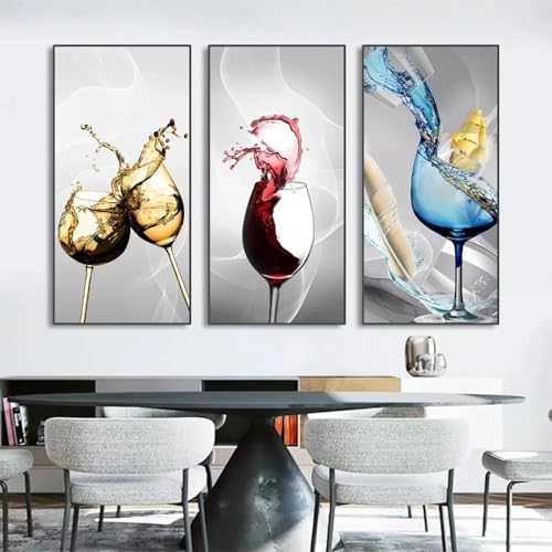 Tableau vin et champagne sur toile, décoration de cuisine moderne et grand format 3 pièces