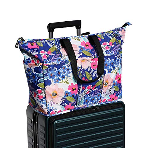 Women Ladies Weekender Bag Muti-pockets Overnight Carry-on Duffel Travel Gym Tote Luggage Duffle with Trolley Sleeve (Blue Flower)