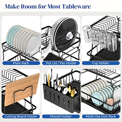 Dish Drying Rack, 2-Tier Dish Drying Rack With Drainboard Set, Black Metal Dish Rack Plate Rack For Kitchen Counter, Dish Drainer With Utensil & Cutlery Holder - Space-Saving Organizer For Countertop #TOP5