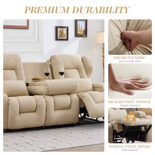 Image of Loveseat Recliner Sofa with Flip Middle Seat,3 Seater Reclining Couch Wall Hugger Recliners for Small Spaces,Fabric Manual 3 Seater Sofa Recliner with Cup Holders /Lumbar Pillows,RV Furniture,Beige
