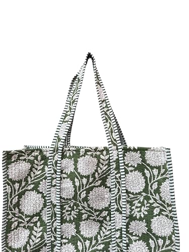 Image of Quilted Cotton Hand printed Reversible Large multicolor cotton Tote Bag,Indian Handmade Block Printed Tote Bag Women Handbag