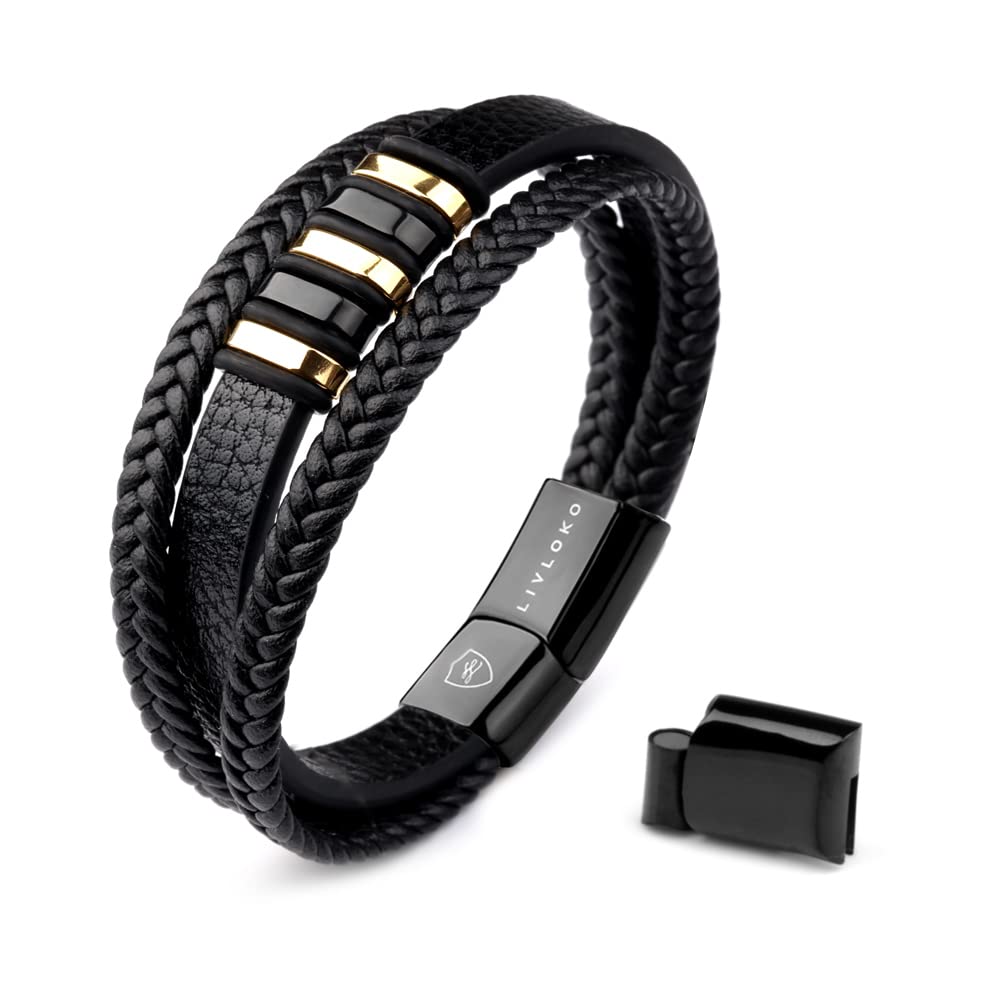 LIVLOKO LONDON Mens Bracelet Leather Black Brown Beaded Gift Box Jewellery Stacked Stone Adjustable