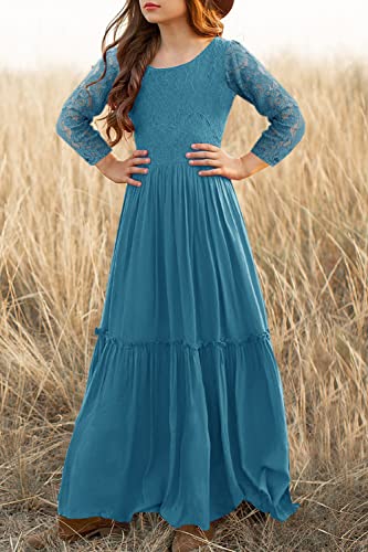 Image of MITILLY Girls Lace Flower Wedding Guest Long Maxi Dress for 6-12 Years | Girls Boho Dress, Girls' Special Occasion Dresses, Wedding Party, Size 6-12 Years, Ruffle Sleeve, A Line, With Pockets