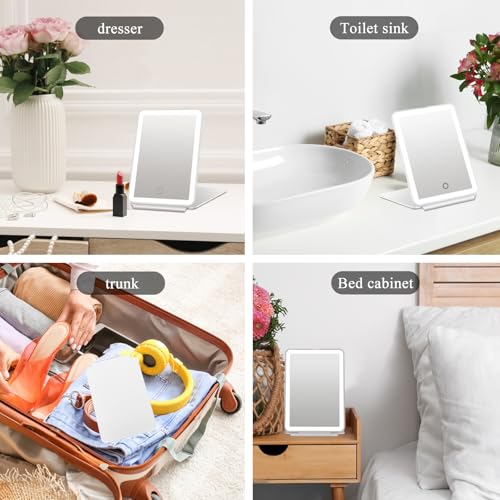 Rechargeable LED Lighted Makeup Mirror with 10X Magnification, Touch Screen Dimming, 3 Color Lighting Modes, and Foldable Stand - Perfect for Travel, Home, and Professional Use