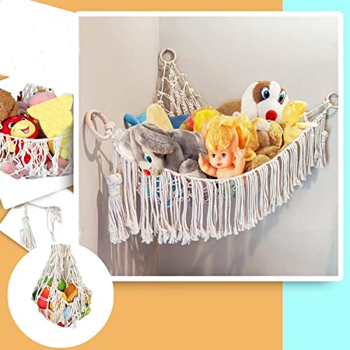 Trasun Stuffed Animal Hammock Toy Net Plush Toy Hanging Organizer With Macrame Tassels Stuffed Animal Holder Display Corner Boho Large Storage Mesh Net For Playroom Bedroom (40" X 40" X 60", White) #TOP3
