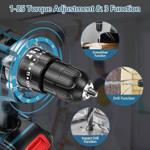 PONOSEU Taladro Atornillador Inalámbrico 21V 3 en 1, Set de 61 Accesorios, 2 Baterías + Cargador Rápido, 45 Nm, LED – Bricolaje y Reparaciones en el Hogar - imagen 2