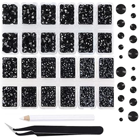 Massive Beads 7800pcs Hotfix Iron Flatback Glasses 5 Sizes Rhinestones Crystal for DIY Project Making with Tweezers and Picking Pen for Bags, Shoes, Clothes and Manicure(Jet Black, 5 Sizes) Cover