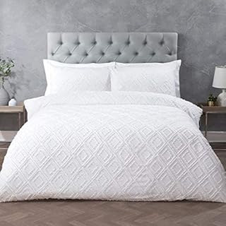 Sleepdown Geo Tufted White Geometric Diamond Super Soft Duvet Cover Quilt Bedding Set with Pillowcase - Single (135cm x 200cm)
