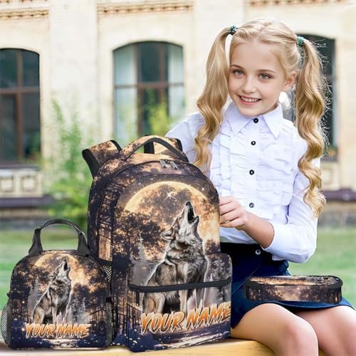 Personalized School Backpack Sets for Kids - Set of 3 Elementary Wolf Schoolbag Matching Combo - Boys Bookbag and Pencil Case Bundle3