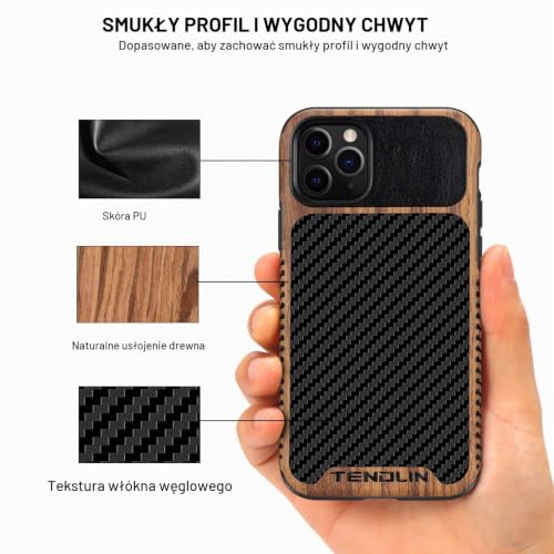 TENDLIN Etui iPhone 11 Pro Hybrydowe z drewna i węgla i skóry kompatybilne z iPhone 11 Pro (czarny)