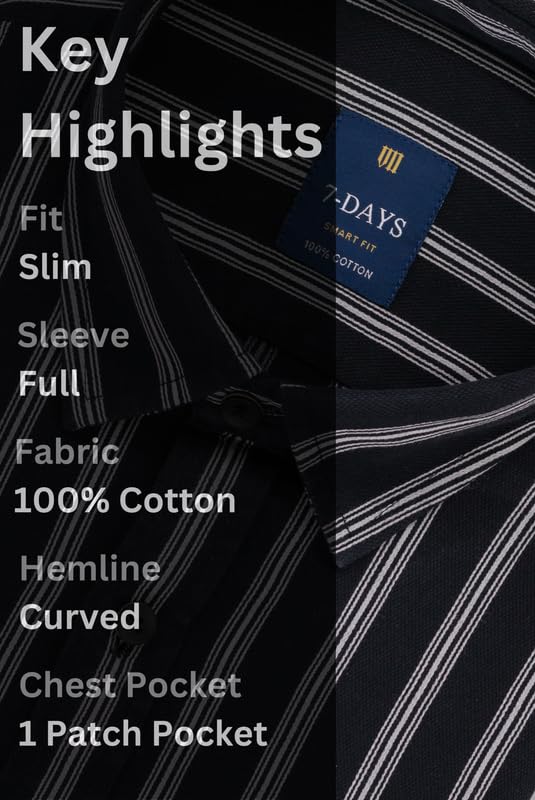 Image of 7-DAYS Men's Premium Striped Shirt - 100% Cotton, Tailored Fit (Between Slim & Regular), Full Sleeve, with Pocket - Smart Office & Casual Look