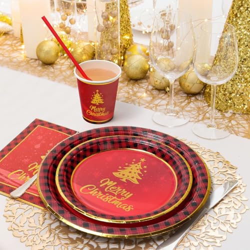 125 PCS Christmas Paper Plates and Cups Party Supplies, Red Christmas Tree Party Paper Plates and Cups, Disposable Tableware Set, Serve for 25 Guests – Image 3