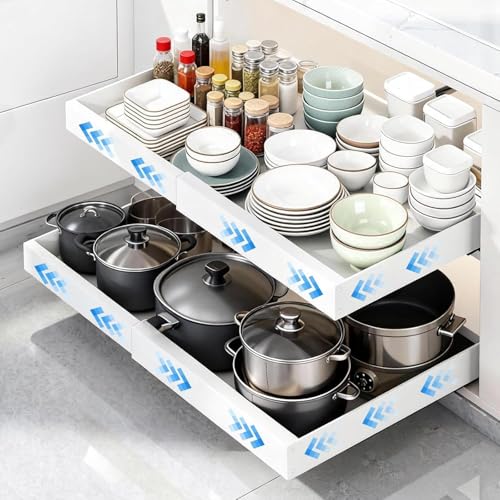 Ribech Paquete de 2 Organizador de Armario Extraíble Blanco – Ancho Ajustable 32-53 cm, Profundidad 42 cm – Cajón con Adhesivo para Cocina, Sin Taladrar