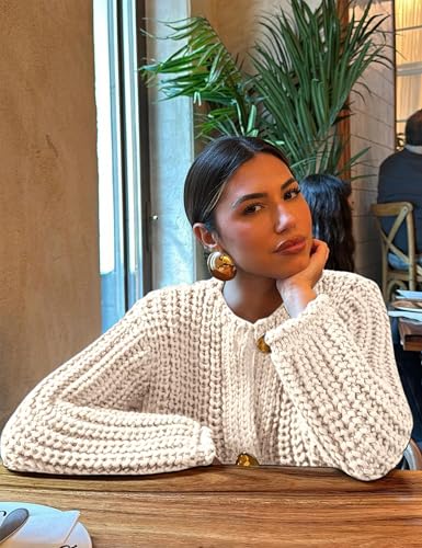 Image of Women's Chunky Knit Cardigan Sweaters Long Sleeve Open Front Button Kitted Fall Jackets Coats(Cream, S)