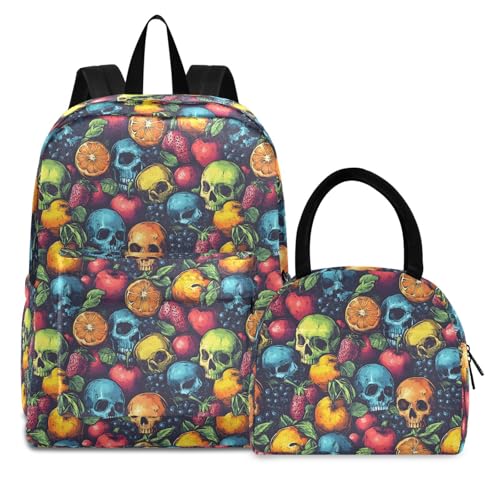 Backpack Lunch Bag Set Fruits Skulls Print, Big Storage Travel Backpacks with Insulated Lunch Box for Office Hiking Picnic
