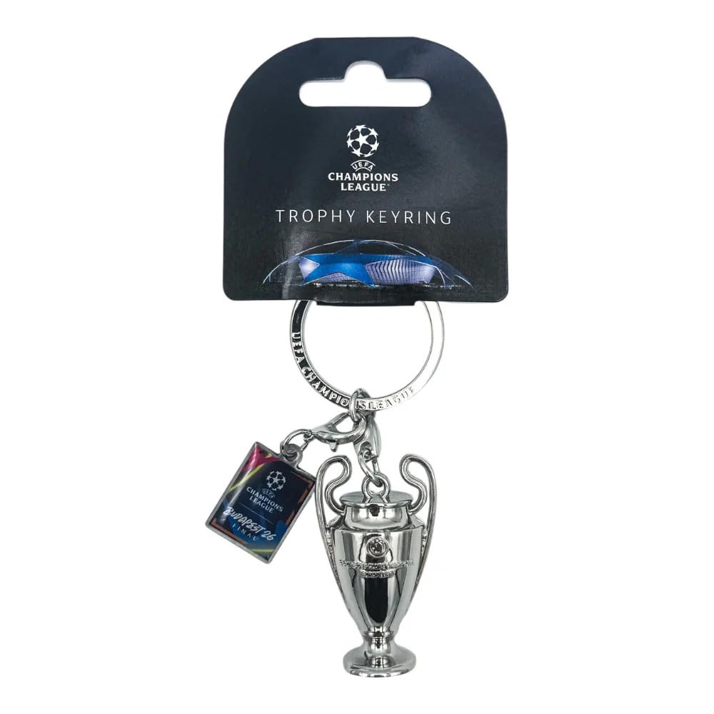 Am Ball Com UEFA Champions League Keychain Trophy, Budapest 26 Final, 3D Miniature Cup with Colored Pendant, Zamak Keyring for Keys Bags, Collectible Item, Fan Merchandise, Gift for Men