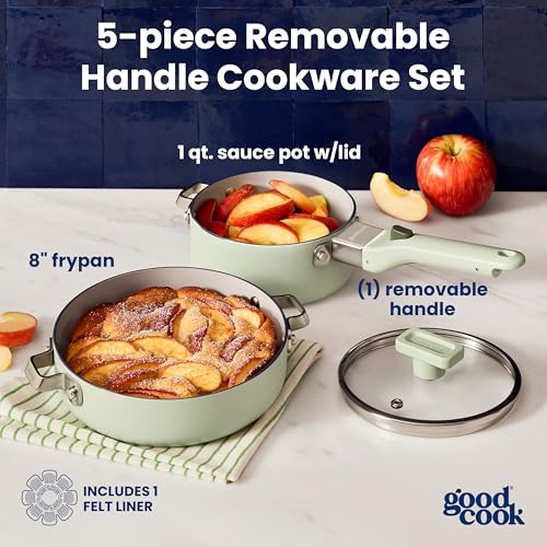 Image of GoodCook Ceramic Cookware Set 5-Piece with Removable Handle, Induction Compatible, Nonstick and Oven Safe with 8-Inch Frypan, Sage Green