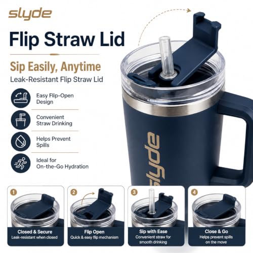 Image of Slyde 1200ml Stainless Steel Insulated Tumbler with Handle | Double Wall Vacuum Travel Mug | Leakproof Lid | Includes 2 Straws (1 Stainless Steel & 1 Plastic) Navy Blue