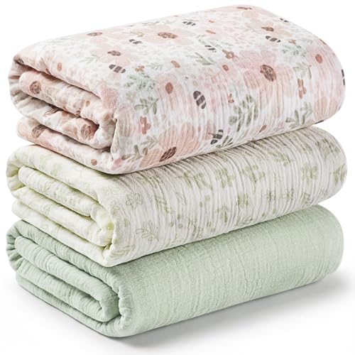 3-Pack Muslin Swaddle Blankets for Newborns Boy Girl 47x47 Large Cotton Muslin Baby Blanket Nursery Swaddling Neutral Soft Breathable Light Infant Baby Receiving Cover (Flora Vale Regular)