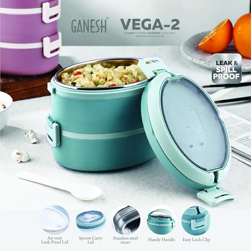Image of Ganesh 2 Compartment Vega Insulated Food Container with Attractive Spoon - Airtight Leak-Proof Lunch Box for Office, School, Picnic 800ml - Peach