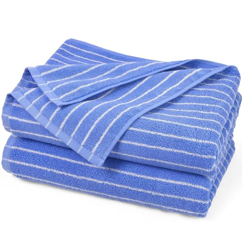Jacquotha Bath Towels 2 Pack, Lighter & Quick Dry Towels Large 27.5 x 55 inches, Luxury Terry Cotton Towels for Bathroom Pool Swim, Blue & White Striped