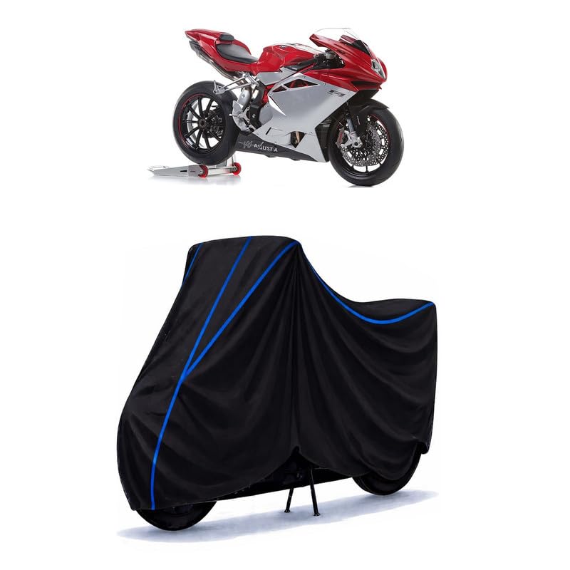 Image of MV Agusta F4 Bike Cover Water Resistant Universal Motorcycle Rain | Heavy Duty UV Protection, Dust, Scratch Indoor Outdoor All Weather with Black Blue Piping Elastic