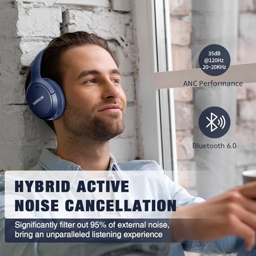 Image of RUNOLIM Hybrid Active Noise Cancelling Headphones, 100H Playtime, Built-in Microphone, Bluetooth Wireless Over Ear Foldable Headphones with HiFi Audio, Home Travel Office