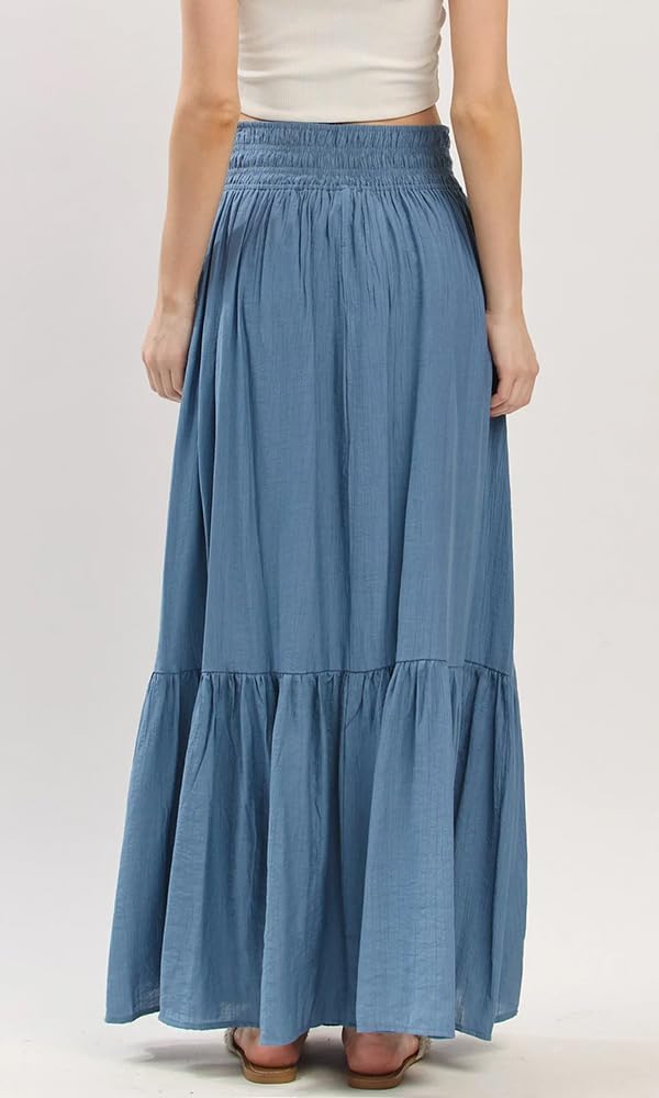 Summer Long Maxi Smocked Skirt for Women Casual Boho Beach Button Accent High Waist Tiered Split Skirt with Pockets - Image 5