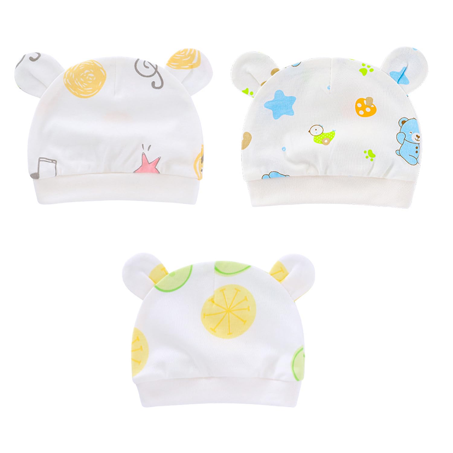 Pack of 3 Newborn Baby Cap Knitted Cotton Cartoon Printing Double Ear Hat for 0-3 Months Multicolour-image-17