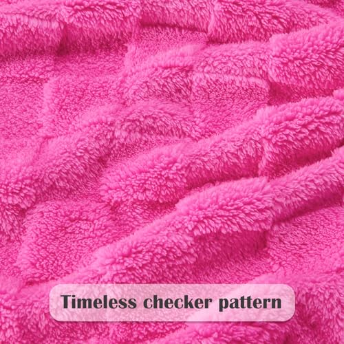 NEWCOSPLAY Super Soft Queen Blanket Hot Pink Premium Silky Flannel Fleece 3D Checkered Lightweight Bed Blanket All Season Use (Hot Pink Checkered, Queen(90"x90"))
