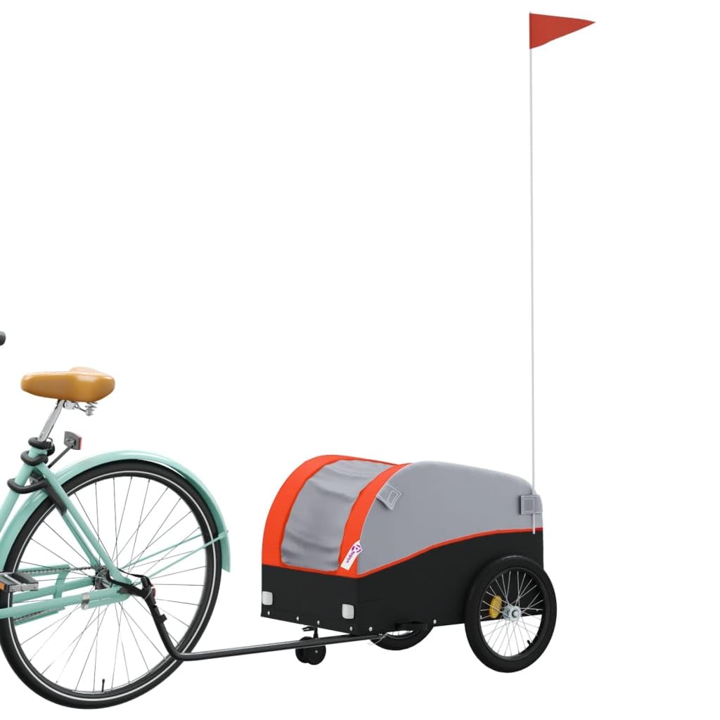 Remolque de bicicleta negro y naranja de hierro con capacidad de carga de 30 kg, 123 x 52 x 53 cm, bandera de seguridad, plegable para cargas, niños, perros, transporte al aire libre y viajes